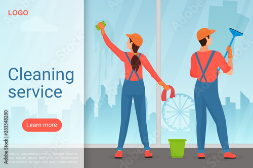Cleaning service landing page vector template. Housekeeping business website homepage interface idea with flat vector illustrations. Professional cleaners, window washing web banner cartoon concept