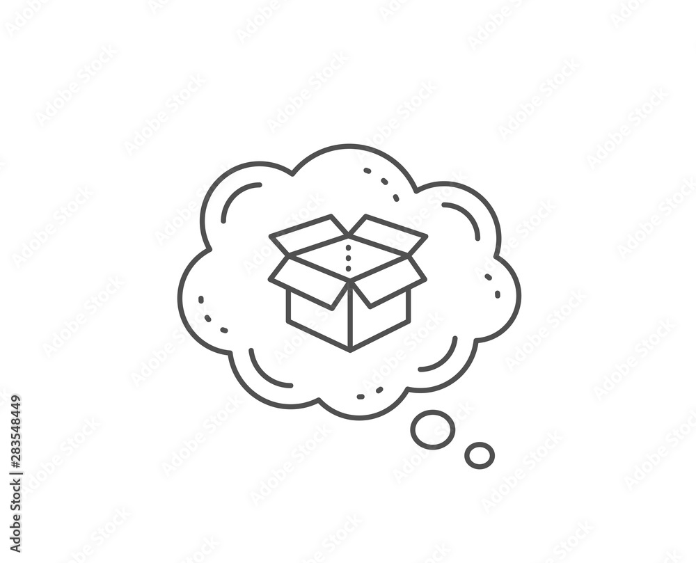 Open box line icon. Chat bubble design. Delivery parcel sign. Cargo package symbol. Outline concept. Thin line open box icon. Vector Open box line icon. Chat bubble design. Delivery parcel sign. Cargo package symbol. Outline concept. Thin line open box icon. Vector