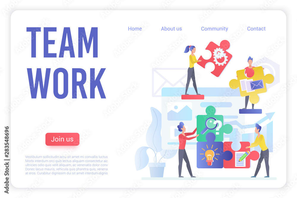 Teamwork organization landing page vector template. Team building exercises website homepage interface layout with flat vector illustrations. Successful project management web banner cartoon concept