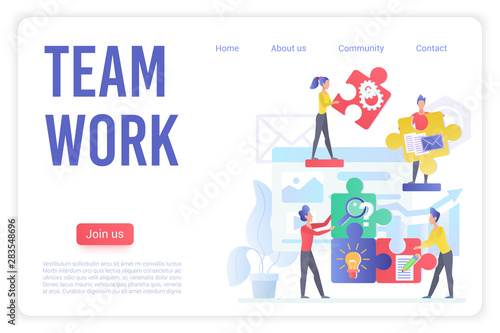 Teamwork organization landing page vector template. Team building exercises website homepage interface layout with flat vector illustrations. Successful project management web banner cartoon concept