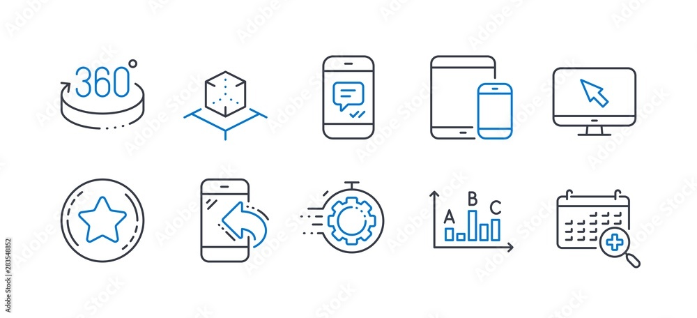 Set of Technology icons, such as Seo timer, Internet, Loyalty star, Augmented reality, 360 degrees, Survey results, Mobile devices, Incoming call, Message, Medical calendar line icons. Vector