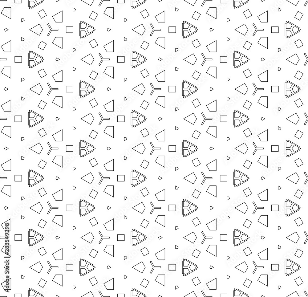 Simple lines, seamless kaleidoscope style abstract black & white B&W geometry pattern, isolated on white background.