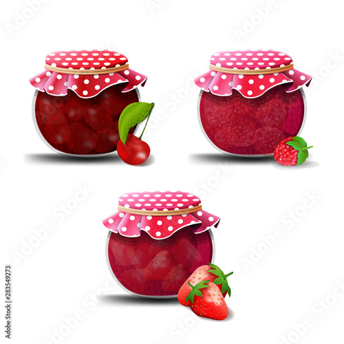 Strawberry, raspberry and cherry jam isolated on a white background for your creativity.