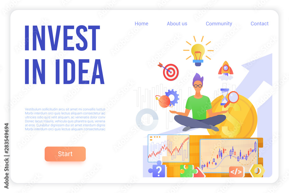 Invest in idea landing page vector template. Business school website homepage interface layout with flat vector illustrations. Stock market trading, project management web banner cartoon concept