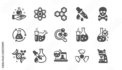 Chemistry lab icons. Chemical formula, Microscope and Medical analysis. Laboratory test flask, reaction tube, chemistry lab icons. Classic set. Quality set. Vector