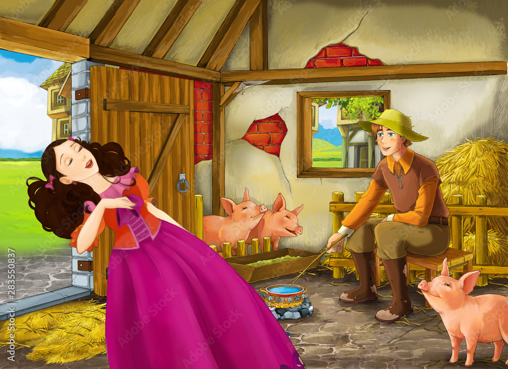 Fototapeta premium Cartoon scene with princess and farmer rancher in the barn pigsty illustration for children