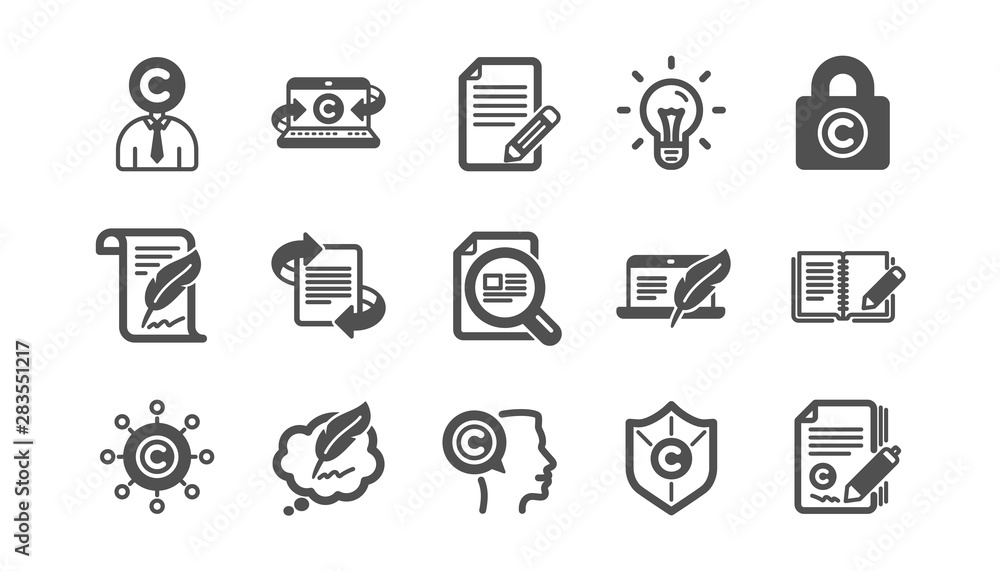 Copywriting icons. Copyright, Typewriter and Feedback. Legal content classic icon set. Quality set. Vector