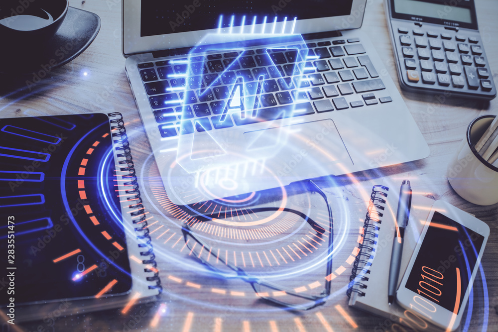 Double exposure of table with computer on background and data theme drawing. Concept of innovation. Double exposure of table with computer on background and data theme drawing. Concept of innovation.