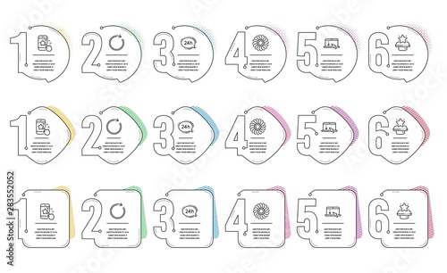 Scroll down, Winner podium and Synchronize line icons set. Infographic timeline. Star rating, 24h service and Fan engine signs. Landing page, First place, Refresh or update. Phone feedback. Vector