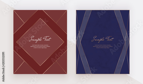Luxury geometric red and blue design cards with golden polygonal lines frames. Trendy templates for banner, flyer, poster, greeting.