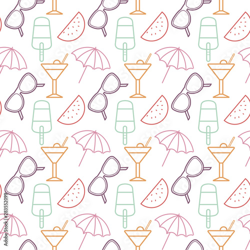 Cute beach life doodle seamless pattern on white background