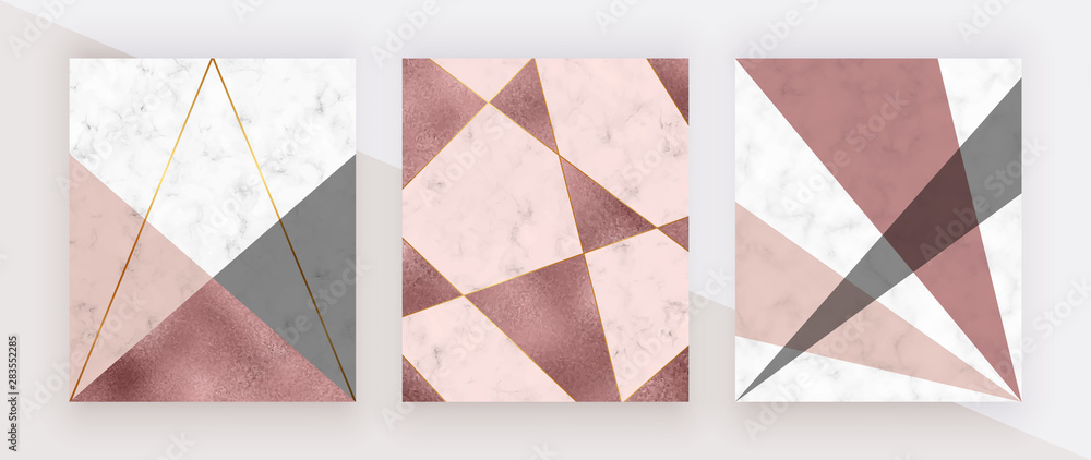 Fototapeta Marble geometric design with pink and grey triangular, rose gold foil texture, polygonal lines. Modern background for wedding invitation, banner, card, flyer, poster, save the date