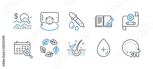 Set of Science icons, such as Check investment, Anti-dandruff flakes, Oil serum, Augmented reality, Feedback, Chemistry pipette, Organic tested, Medical calendar, Cogwheel blueprint. Vector