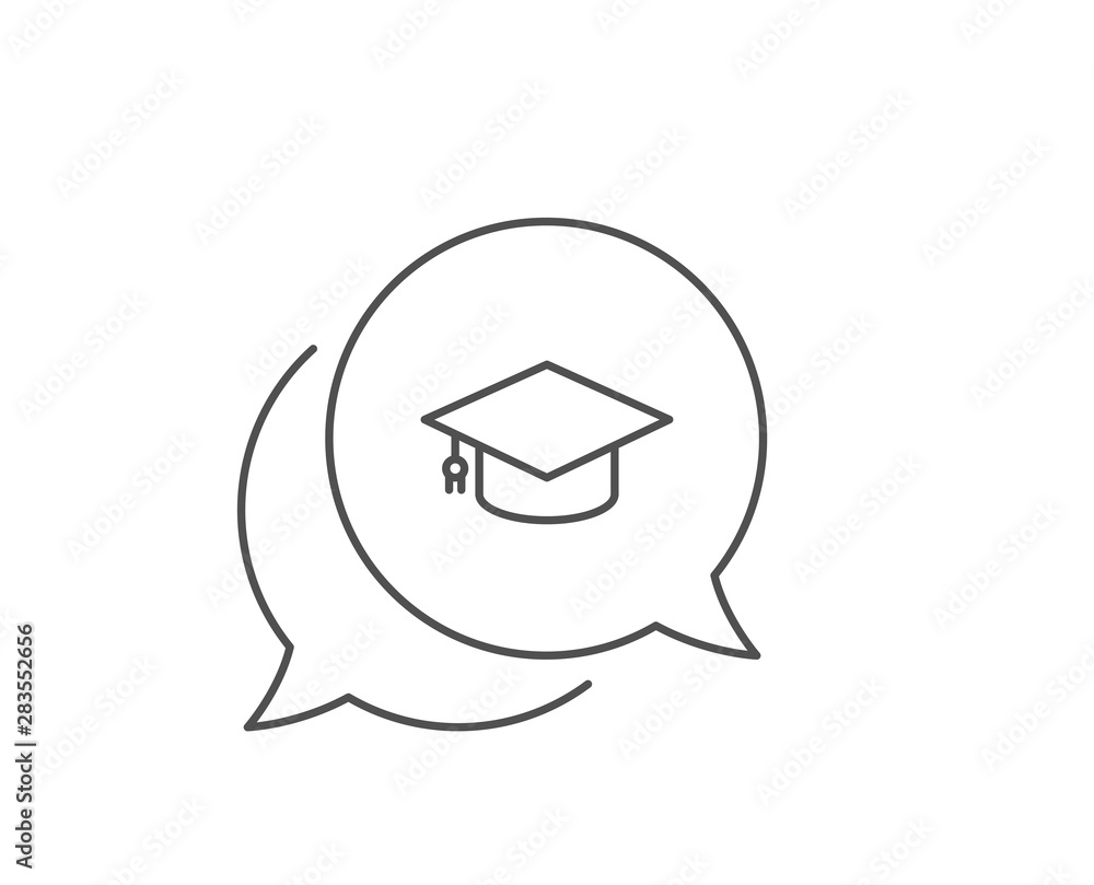 Fototapeta premium Graduation cap line icon. Chat bubble design. Education sign. Student hat symbol. Outline concept. Thin line graduation cap icon. Vector