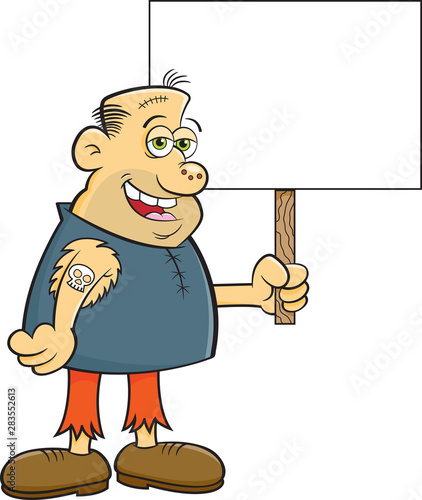 Cartoon illustration of a gruesome character holding a sign.