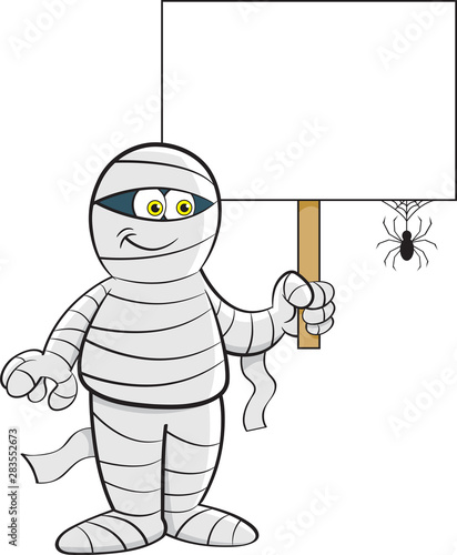 Cartoon illustration of a mummy holding a sign with a spider.