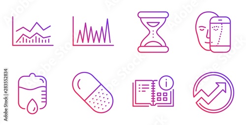Line graph, Capsule pill and Trade infochart line icons set. Instruction info, Drop counter and Time signs. Face biometrics, Audit symbols. Market diagram, Medicine drugs. Science set. Vector