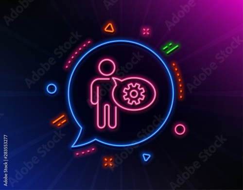 Cogwheel line icon. Neon laser lights. Engineering tool sign. Man talk symbol. Glow laser speech bubble. Neon lights chat bubble. Banner badge with cogwheel icon. Vector