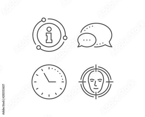 Face detect target line icon. Chat bubble, info sign elements. Head recognition sign. Identification symbol. Linear face detect outline icon. Information bubble. Vector