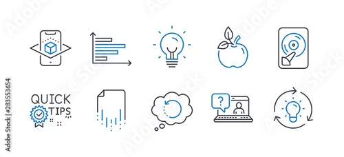 Set of Science icons, such as Hdd, Augmented reality, Energy, Recovery data, Faq, Eco food, Quick tips, Horizontal chart, Recovery file, Idea line icons. Memory disk, Phone simulation. Vector
