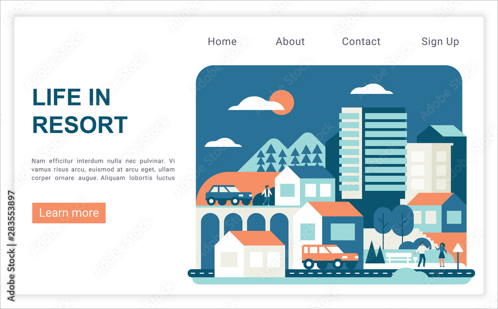 Life in resort landing page vector template. Travel agency, tourism website homepage interface layout with flat vector illustrations. Tropical vacation, luxury lifestyle web banner cartoon concept