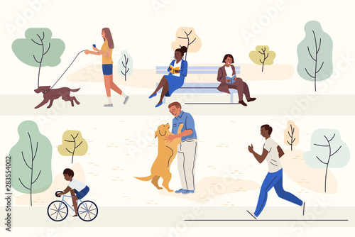 Outdoor activities flat vector illustrations set. Happy men, women and child cartoon characters. Cycling, dog walking, jogging and book reading. Smiling people rest in park, fresh air recreation