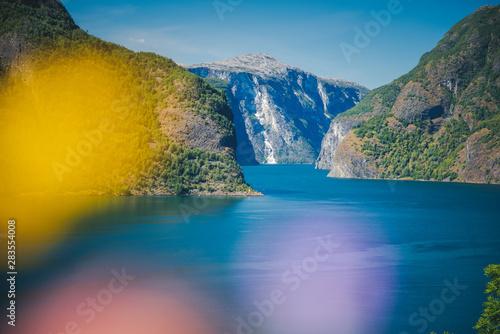 Norway fjord shore, Aurland fjord, beautiful Scandinavian landscape, travel to Norway