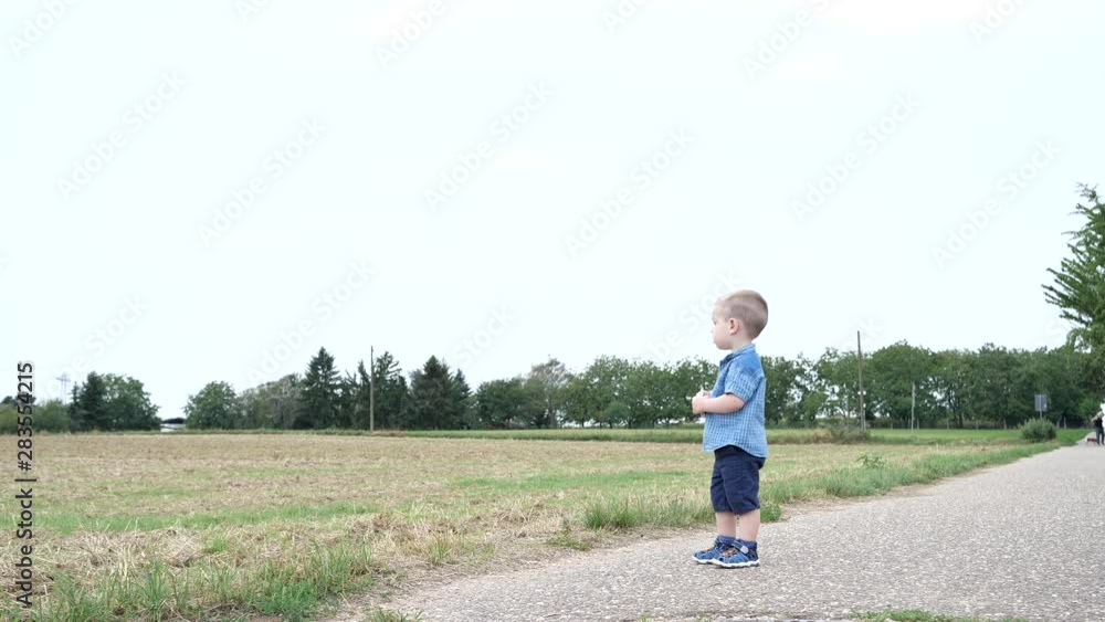 Attractive Cute Young Child Boy Watching on the Field and Start to Walking Attractive Cute Young Child Boy Watching on the Field and Start to Walking