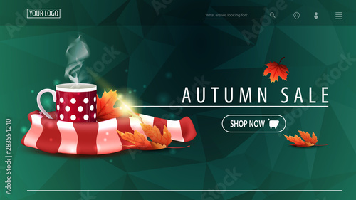 Autumn sale, green discount banner with polygonal texture, mug of hot tea and warm scarf