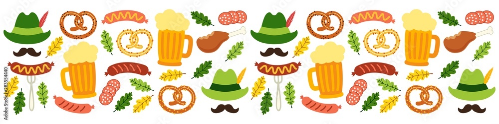 Cute Octoberfest Menu background with symbols as beer, sausage, pretzel, green german costume hunting hat with feather, mustache and oak leaves isolated on white - obrazy, fototapety, plakaty 