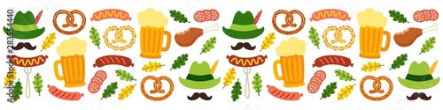 Cute Octoberfest Menu background with symbols as beer, sausage, pretzel, green german costume hunting hat with feather, mustache and oak leaves isolated on white photo