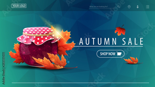 Autumn sale, blue discount banner with polygonal texture, jar of jam and maple leaves