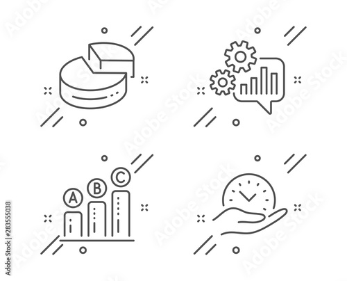 Cogwheel, Pie chart and Graph chart line icons set. Safe time sign. Engineering tool, 3d graph, Growth report. Management. Science set. Line cogwheel outline icon. Vector