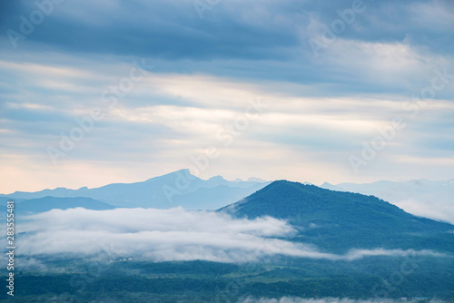 Scenic view of foggy mountains. Clouds and green mountain forest view © Yakov