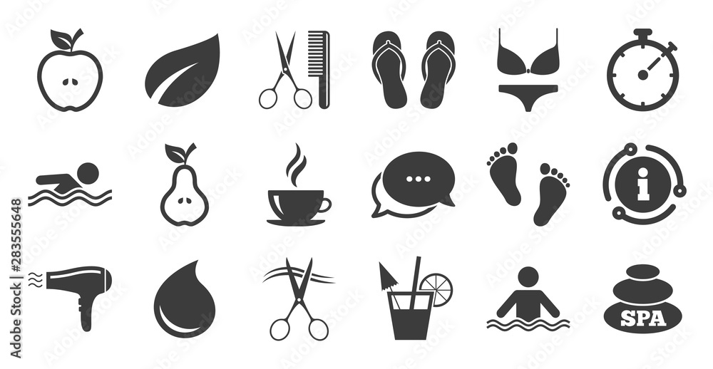Set of Swimming pool, Spa and Hairdressing icons. Information, chat bubble icon. Coffee, Cocktail and Apple signs. Water drop, Scissors and Hairdryer symbols. Quality set. Vector