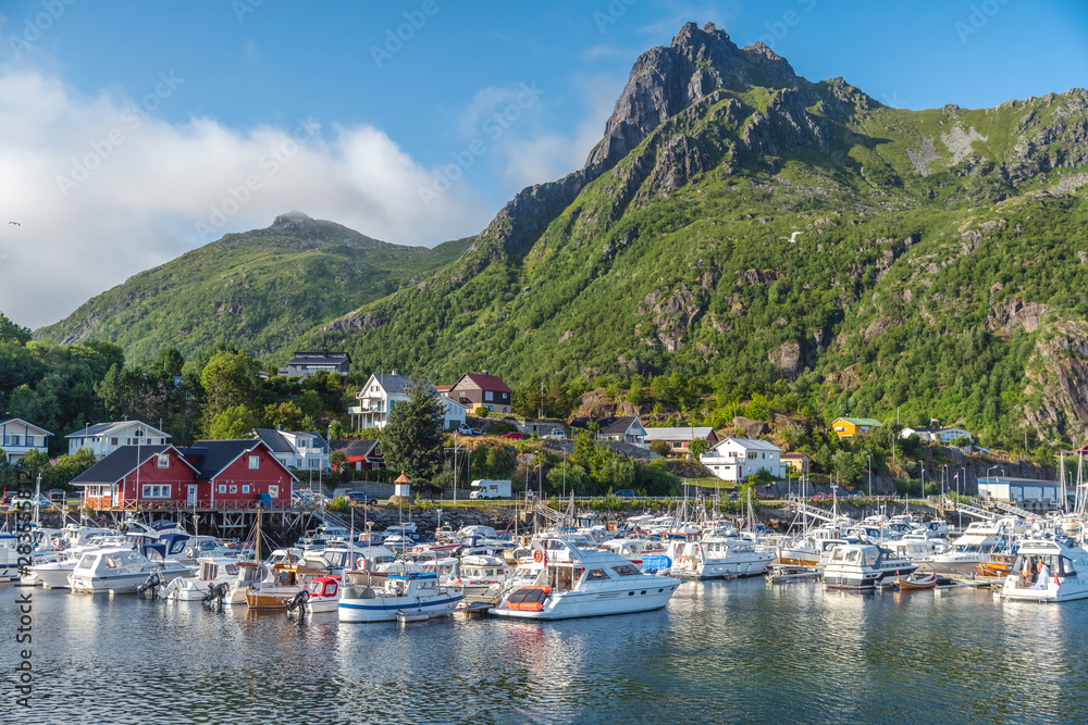 View of the city of Svolvaer, Norway, Lofoten Islands, beautiful summer landscape, houses and yachts on a background of mountains