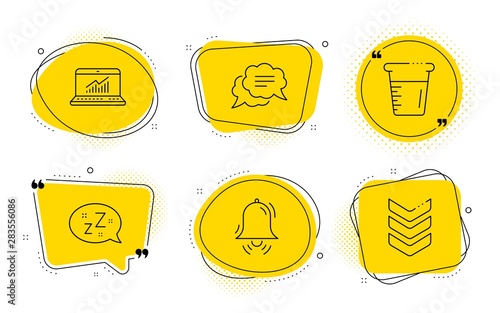 Sleep, Clock bell and Shoulder strap signs. Chat bubbles. Text message, Cooking beaker and Online statistics line icons set. Chat bubble, Water, Computer data. Zzz bubble. Business set. Vector