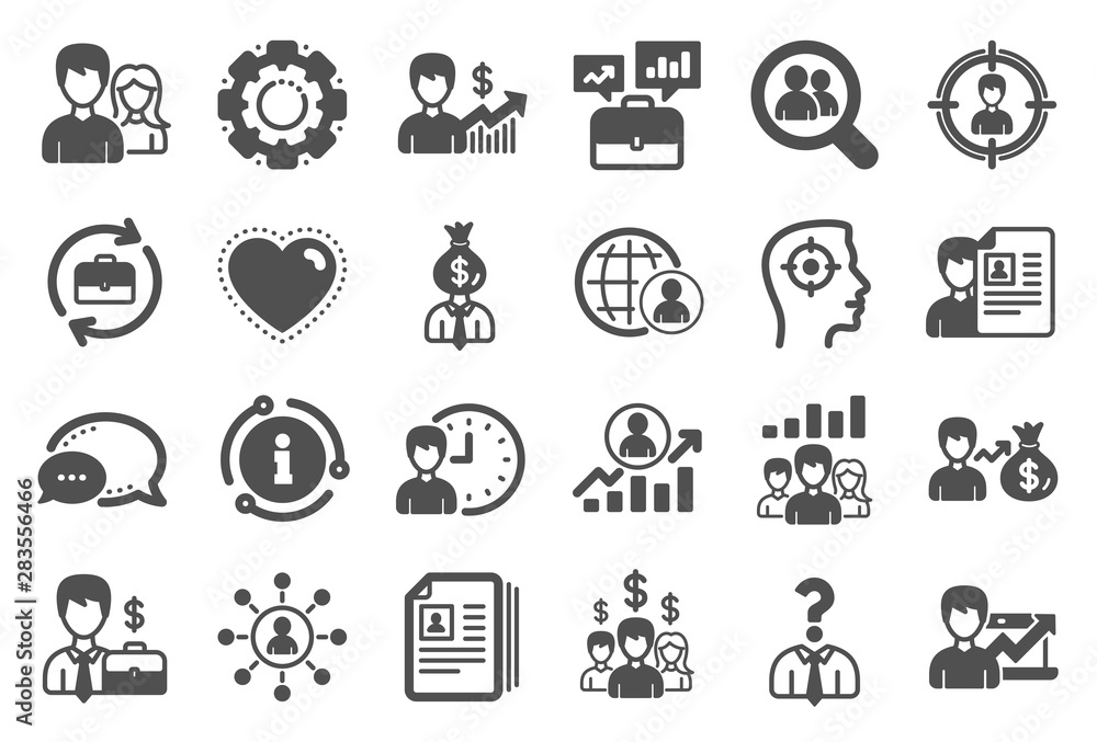 Human Resources, head hunting icons. Business networking contract, Job Interview and Head Hunting contract icons. CV, Teamwork and Portfolio symbols. Business career, human, interview. Vector