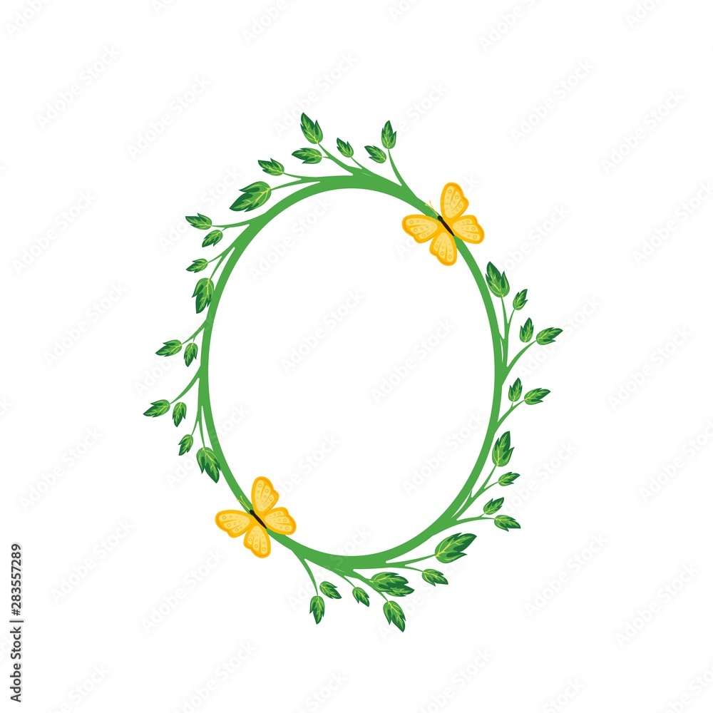 Vector concept green oval photo frame with yellow butterfly. Blank template to decorate the image and photo. Modern elegant graphic design. Vector concept green oval photo frame with yellow butterfly. Blank template to decorate the image and photo. Modern elegant graphic design.