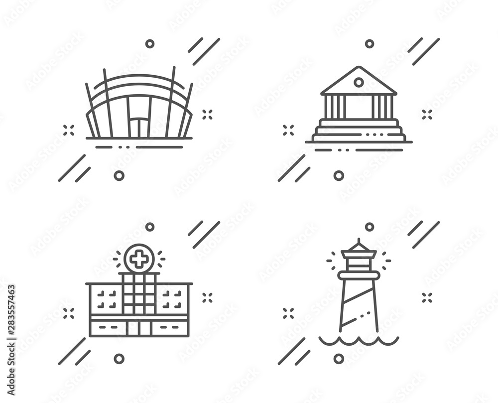 Hospital building, Court building and Arena stadium line icons set. Lighthouse sign. Medical help, Government house, Sport complex. Searchlight tower. Buildings set. Vector