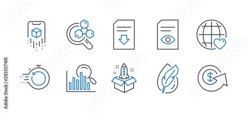 Set of Technology icons, such as Startup, Chemistry lab, Augmented reality, International love, Hypoallergenic tested, Download file, Fast recovery, View document, Search, Dollar exchange. Vector