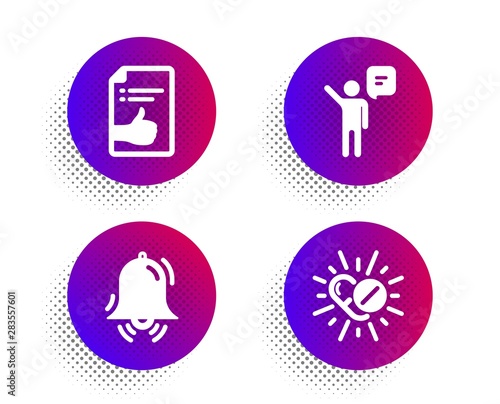 Clock bell, Approved document and Agent icons simple set. Halftone dots button. Medical drugs sign. Alarm, Like symbol, Business person. Medicine pills. Business set. Vector