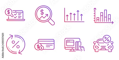 Payment method, Diagram graph and Online accounting line icons set. Online payment, Currency audit and Growth chart signs. Loan percent, Car leasing symbols. Presentation chart, Web audit. Vector
