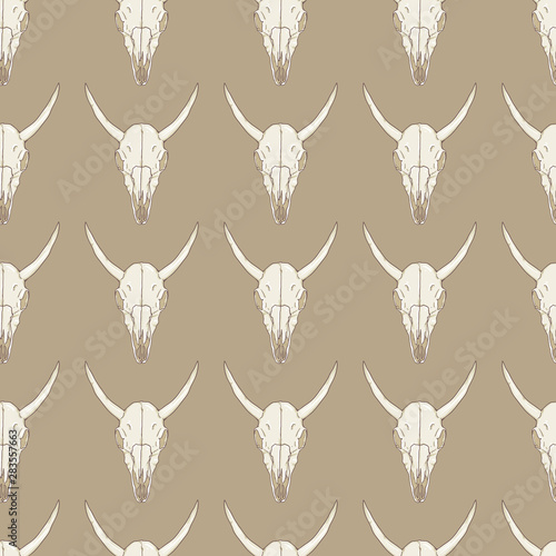 Vector Seamless Pattern of Cows Skull on Brown Background