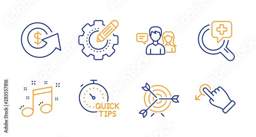 Target, Medical analyzes and Quick tips line icons set. People talking, Settings gear and Musical note signs. Dollar exchange, Drag drop symbols. Targeting, Medicine. Business set. Vector
