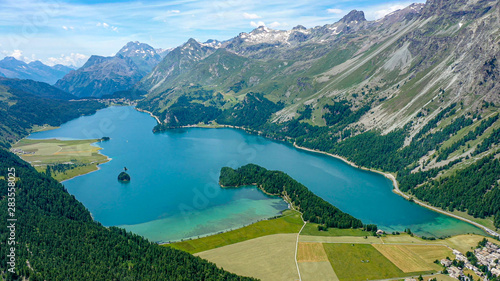 Aerial view over Lake Sils in Switzerland