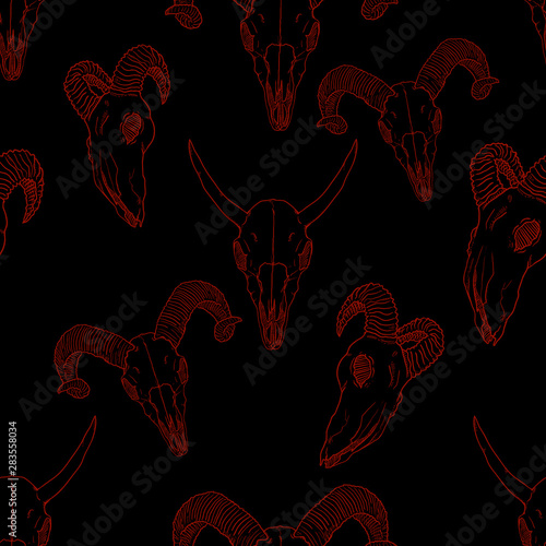 Vector Seamless Pattern of Red Sketch Livestocks Skull on Black Background