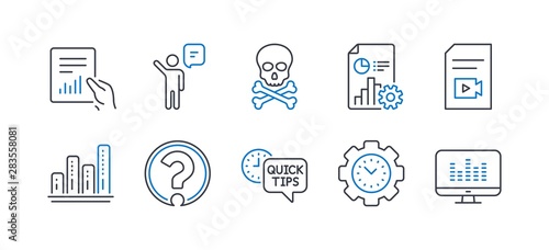 Set of Education icons, such as Agent, Chemical hazard, Video file, Question mark, Time management, Report, Graph chart, Quick tips, Document, Music making line icons. Line agent icon. Vector