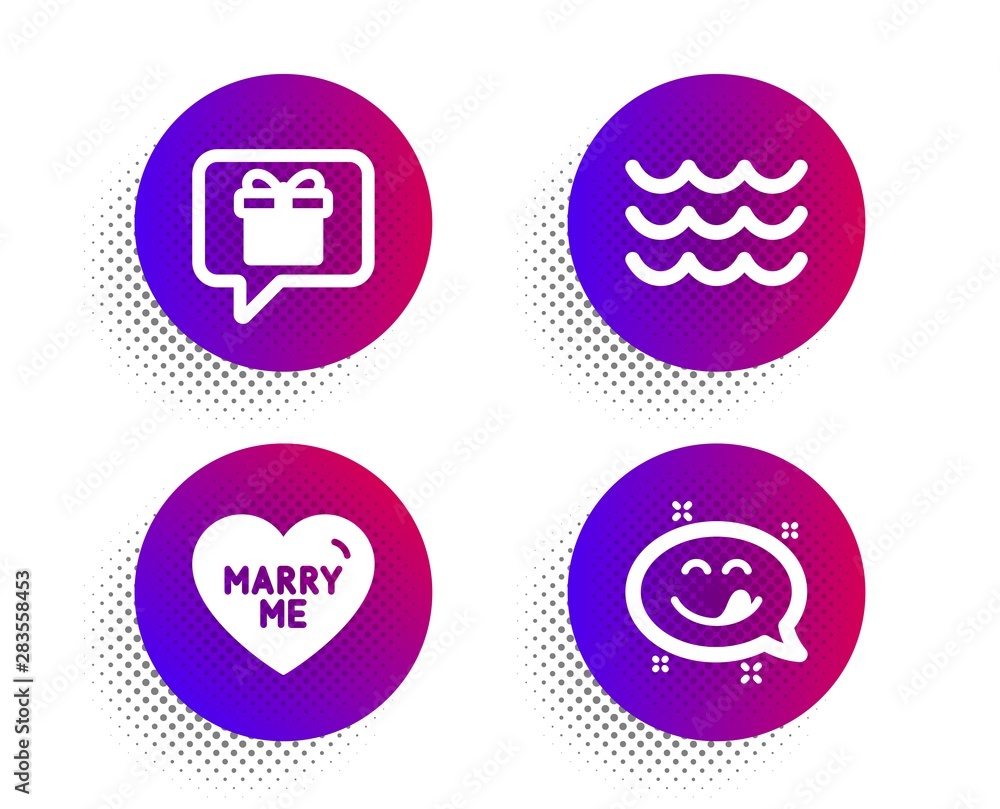 Wish list, Marry me and Waves icons simple set. Halftone dots button. Yummy smile sign. Present box, Wedding, Water wave. Emoticon. Holidays set. Classic flat wish list icon. Vector