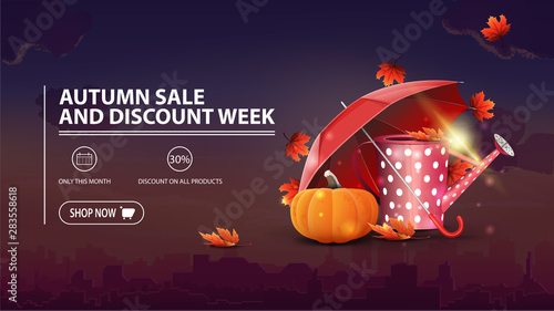 Autumn sale and discount week, discount banner with city on background, garden watering can, umbrella and ripe pumpkin